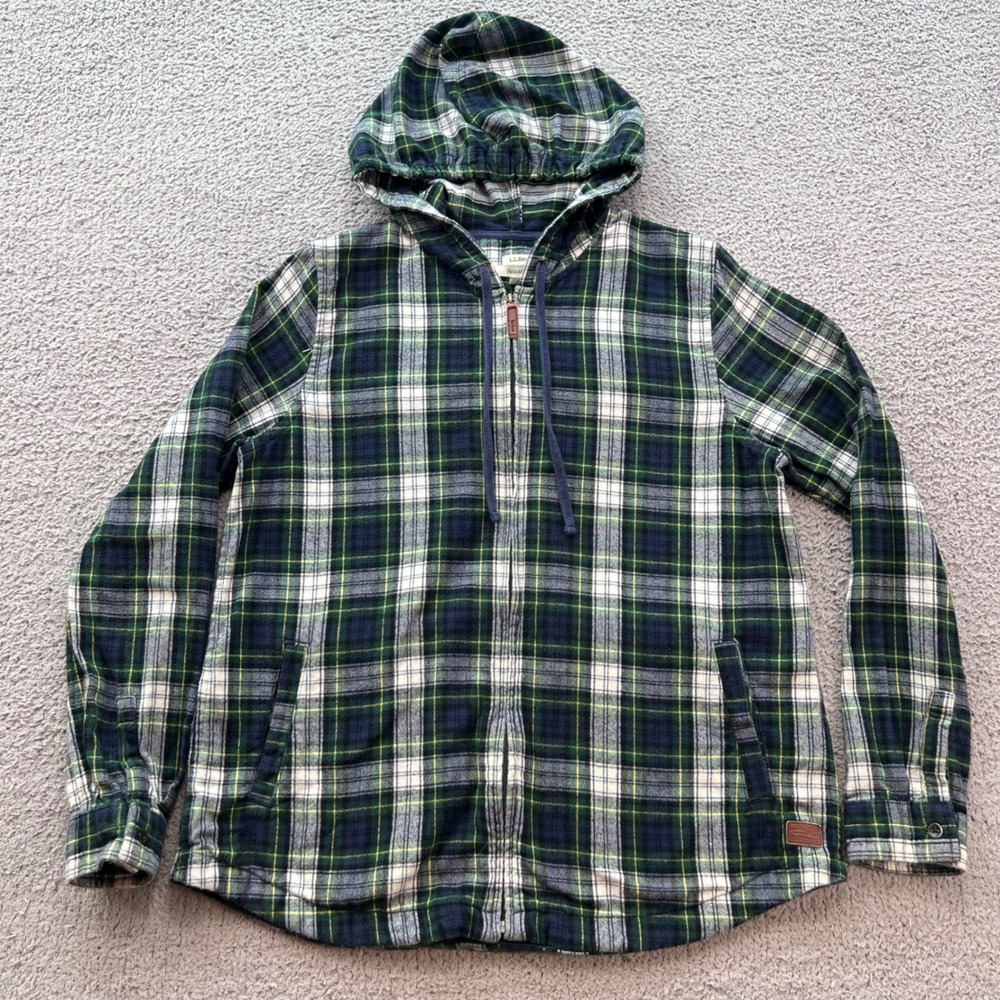 LL Bean Mens Relaxed Fit Full Zip Hooded Flannel Shirt Green Plaid M 502092